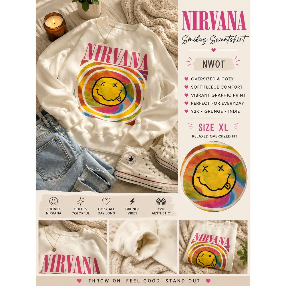 Nirvana Smiley Tie Dye Sweatshirt Oversized XL NWOT Grunge